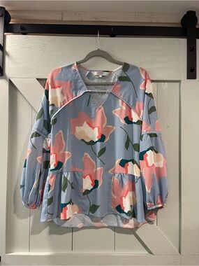CROSBY by Mollie Burch Blue Floral Blouse with Pink & Cream